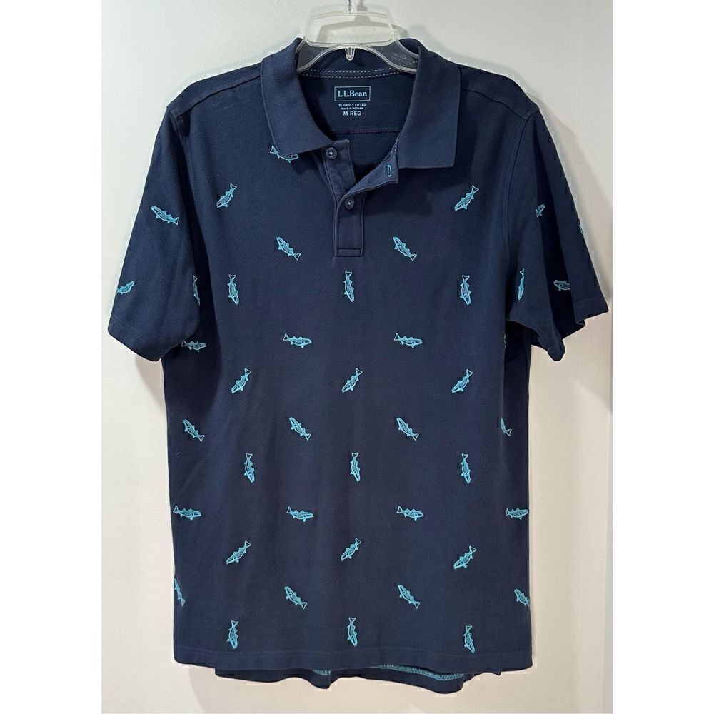 L.L. Bean men’s blue short sleeve polo with turquoise fish size M. #38-0979